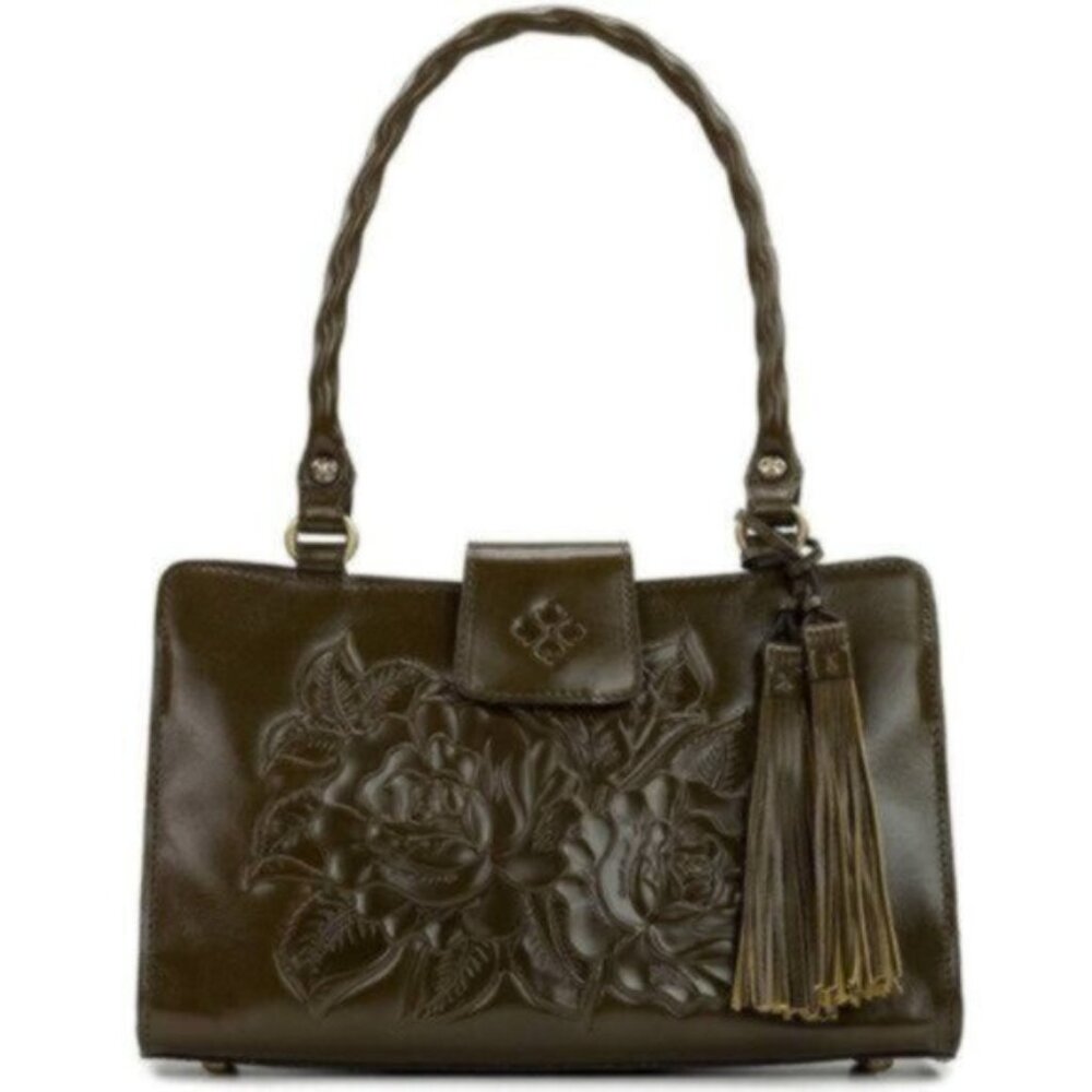 Patricia Nash Rienzo Satchel Vtg Rose Tooled Leather Soft Olive Green W Tassel